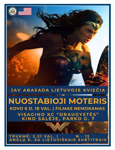 Paveikslelis, susijęs su JAV ambasada Lietuvoje kviečia į nemokamą filmą „Nuostabioji moteris" 
