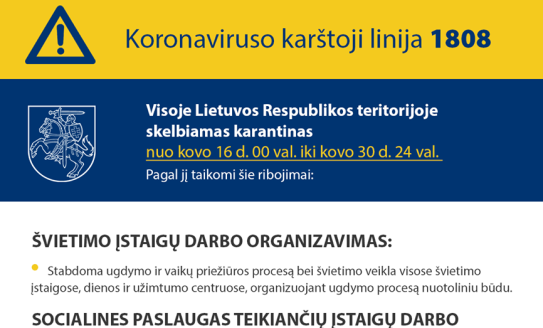 Visoje Lietuvos Respublikos teritorijoje skelbiamas karantinas