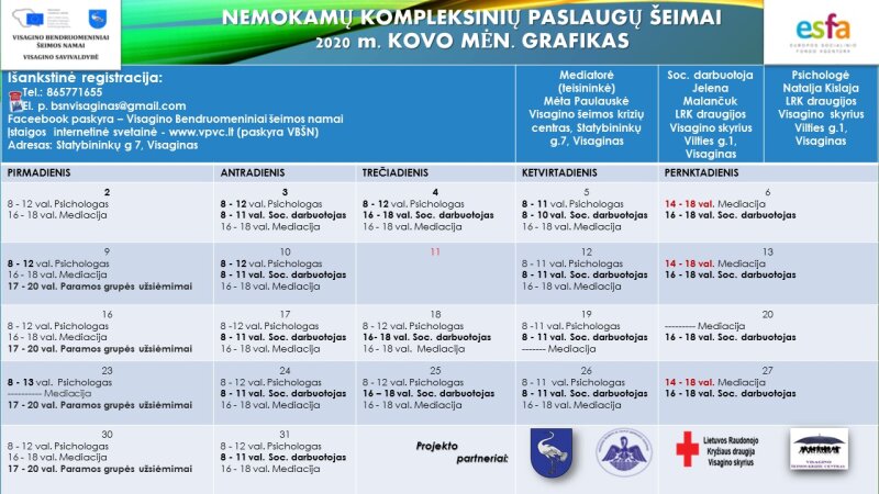 Projekto „Visagino bendruomeniniai šeimos namai“ kovo mėn. veiklų grafikas