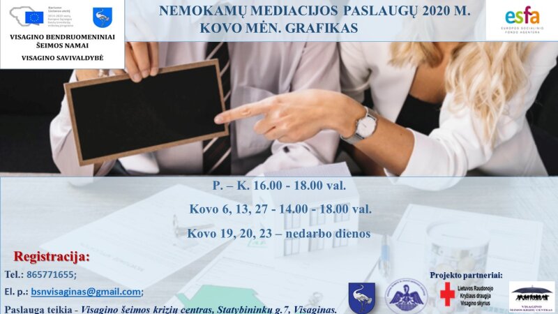 Visagino bendruomeninai šeimos namai pristato nemokamų mediacijos paslaugų 2020 m. kovo mėn grafiką