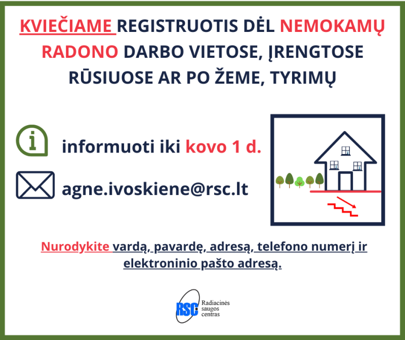 Užsiregistruoti nemokamam radono darbo vietose, įrengtose rūsiuose ar po žeme, tyrimui galite jau...