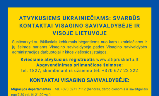 Atvykusiems ukrainiečiams: svarbūs kontaktai Visagino savivaldybėje ir visoje Lietuvoje