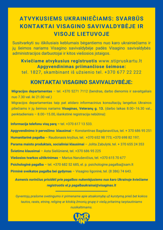 Atvykusiems ukrainiečiams: svarbūs kontaktai Visagino savivaldybėje ir visoje Lietuvoje