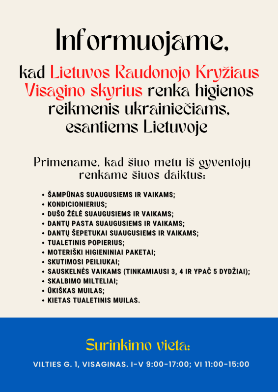 Lietuvos Raudonasis kryžius skelbia higienos prekių rinkimą