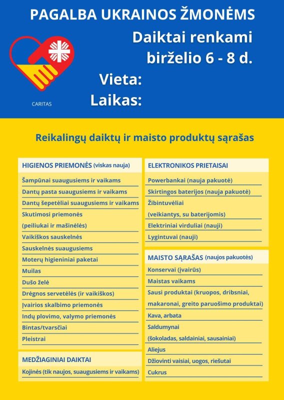 Caritas trečią kartą skelbia daiktų rinkimo akciją Ukrainos žmonėms birželio 6–8 dienomis