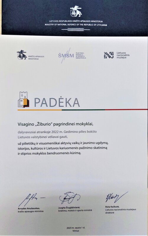 Visagino „Žiburio“ pagrindinė mokykla gavo reikšmingą padėkos raštą