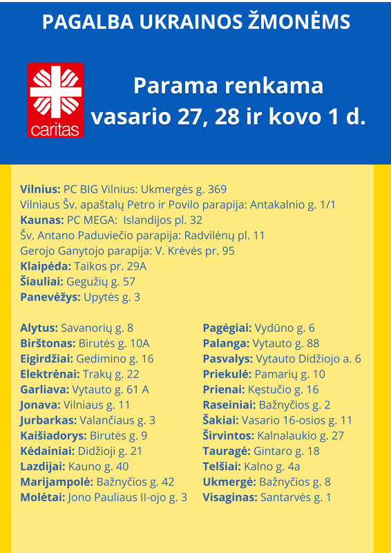 Startuoja 5-oji Caritas paramos Ukrainai akcija: 3 dienas 30 savivaldybių rinks daiktus ir maistą 